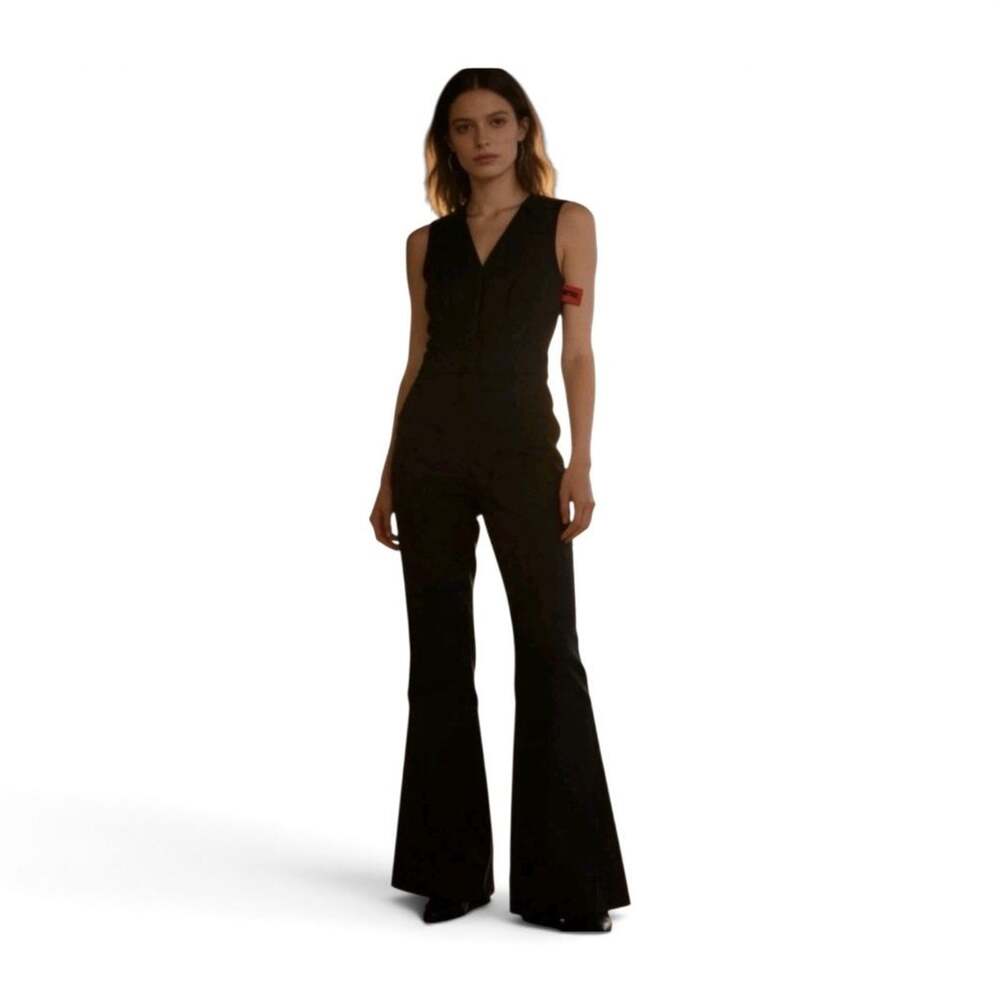SPANX Black Flare Leg Jumpsuit V-Neck Sleeveless Ponte Knit Back Zip Size XS